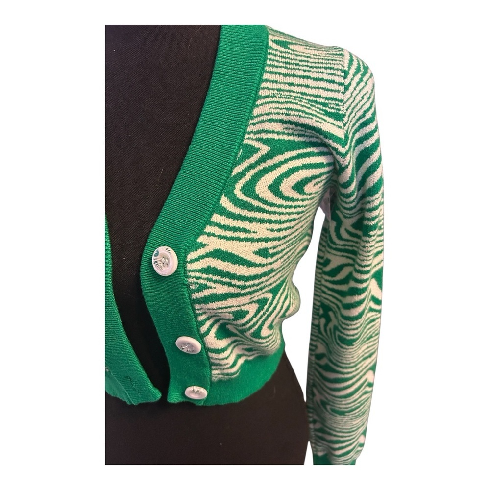 Pretty Garbage Women Green Wave Swirl Patterned Cardigan Sweater Size Small - Picture 2 of 4